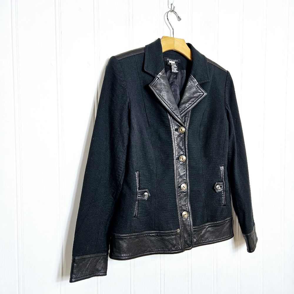 Etcetera Blazer 6 Mixed Media Leather Trim Tailored Career Office Black